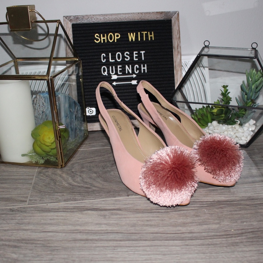 GUN METAL BLUSH POM POM HEELS